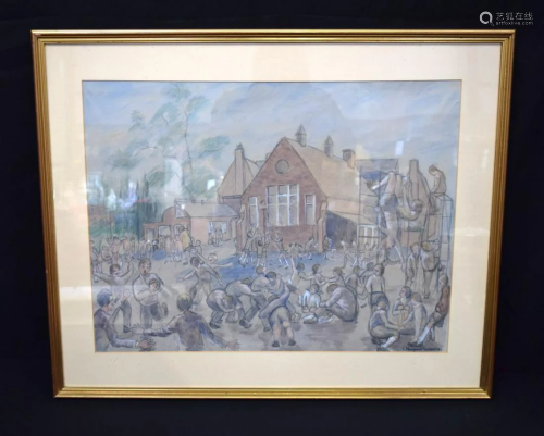 A framed pastel of a school playground by C. Margret