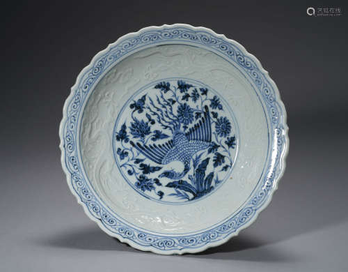 YUAN DYNASTY,BLUE AND WHITE PHOENIX PATTERN FLOWER MOUTH PLA...