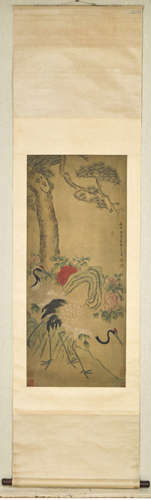 A Crane And Pine Tree Chinese Painting Jiang Tingxi Mark