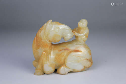 A Jade Carved Monkey with Horse Figure Ornament