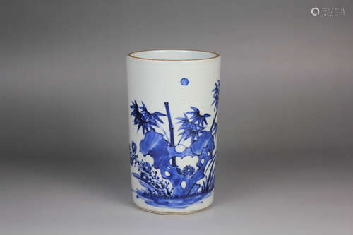 A Blue and White Bamboo with Rock and Bird Porcelain Brush P...