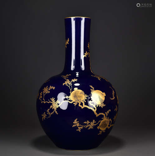 A Blue Glazed Golden Lily Porcelain Celestial Vase