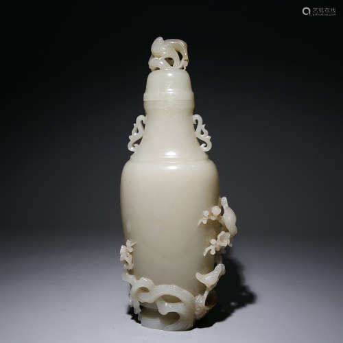 A Carved Magpie Jade Plum Bottle