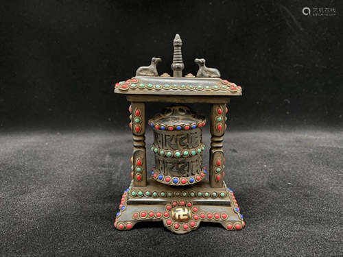 A Tibetan Prayer Wheel With Copper Inlaid Precious Stone