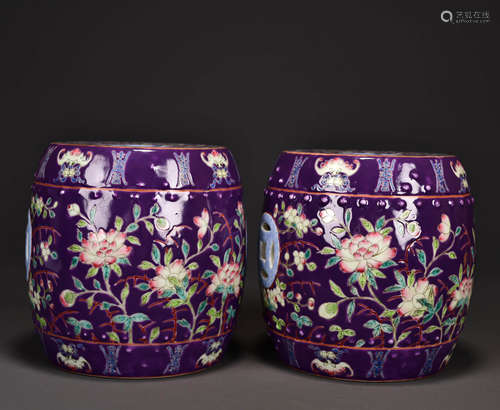 A Pair Of Purple Famille Rose Flower Pattern Porcelain Stand