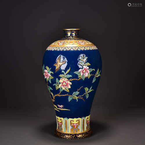 A Blue Glazed Glit Carved Flower Porcelain Plum Bottle