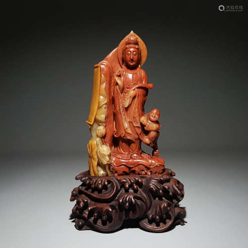 A Carved Guanyin Shoushan Stone Status