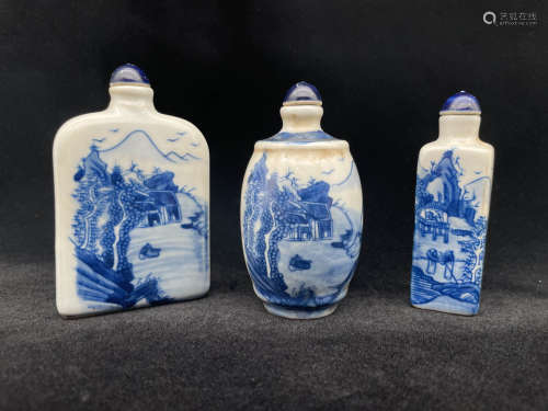 A Group of Three Blue and White Drawing Landscape Porcelain ...