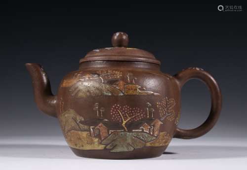 清 紫砂山水图茶壶