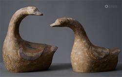 TWO CHINESE PAINTED POTTERY TOMB FIGURES OF GEESE  HAN DYNAS...