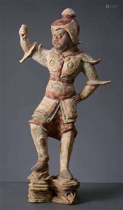A CHINESE PAINTED POTTERY FIGURE OF A LOKAPALA  TANG DYNASTY...