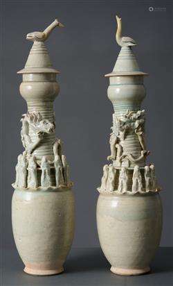 A PAIR OF CHINESE QINGBAI FUNERARY VESSELS  YUAN DYNASTY (12...