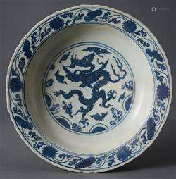 A CHINESE BLUE AND WHITE YINGLONG DRAGON CHARGER
MING DYNAST...