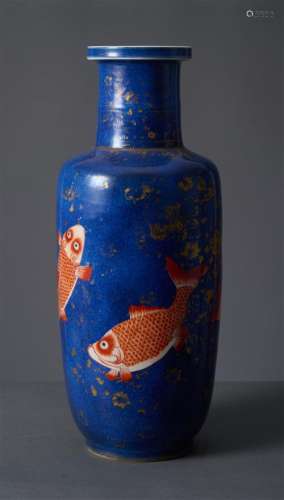 A CHINESE POWDER-BLUE GROUND CARP ROULEAU VASE  QING DYNASTY...