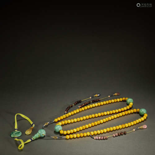QING DYNASTY,AMBER AND EMERALD COURT NECKLACE