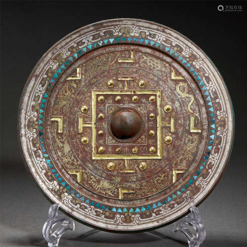 CHINESE GOLD AND SILVER TURQUOISES-INLAID BRONZE CIRCULAR MI...