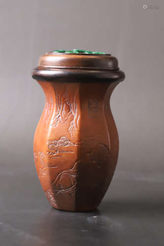 A Carved Landscape Wood Cricket Pot