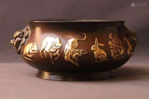 A Gilt Bronze Chinese Zodiac Pattern Incense Burner