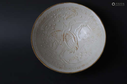 A Ding Kiln White Galzed Bird Pattern Porcelain Bowl