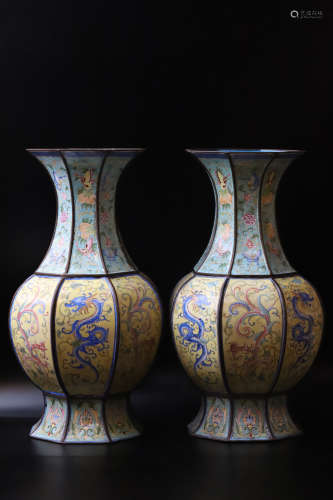 A Pair of Enameling Drawing Dragon Pattern Bronze Vase