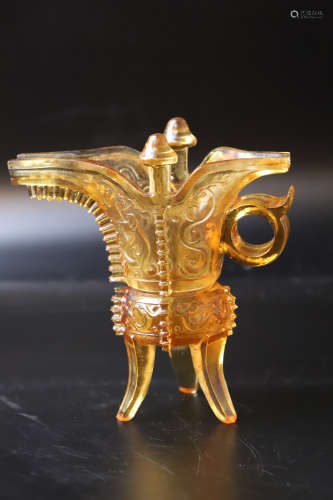 A Carved Phoenix Pattern Yellow Glass Cup