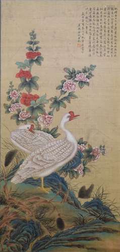 A Chinese Goose Silk Painting, Jin Cheng Mark