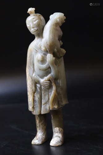 A Jade Man with Beast Figure Ornament