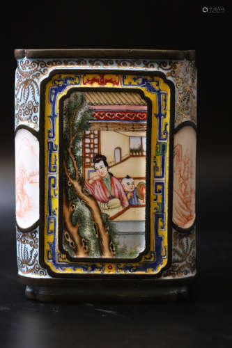 A Drawing Character Story Enameling Bronze Brush Pot