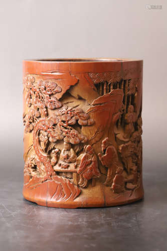 A Carved Character Story Bamboo Brush Pot