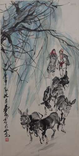 A Chinese Group of Dunkey Painting, Huang Zhou Mark