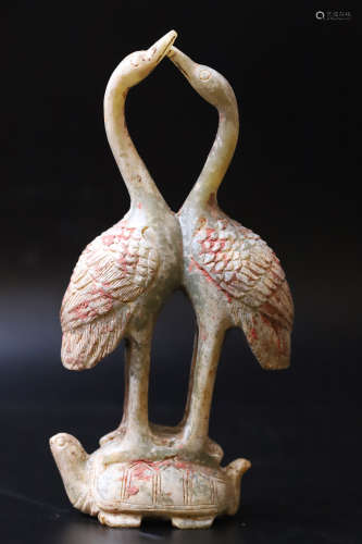 A Carved Double Crane with Turtle Figure Statue