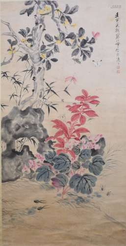 A Chinese Flower with Insect Painting,Jiang Handing Mark