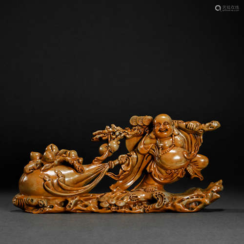 Yellow Wood Carved Maitreya Statue from Qing