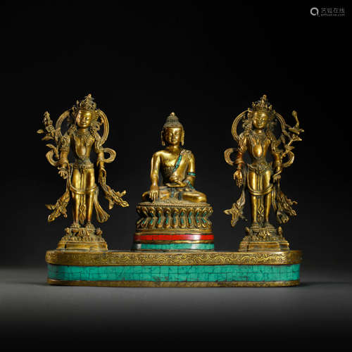 Tripple Copper Buddha Statue from Qing