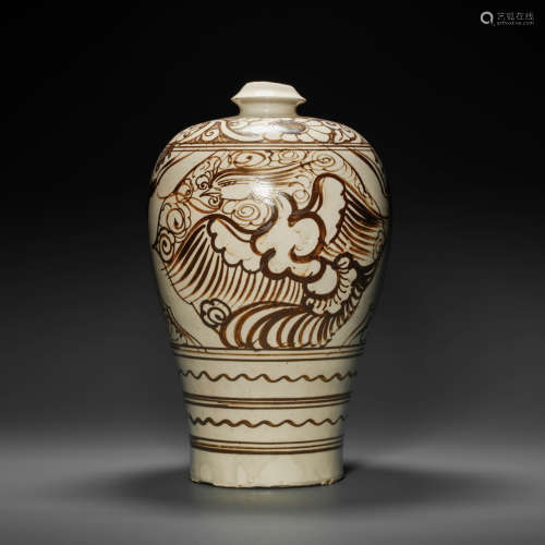 CiZhou Kiln Prunus Vase with Dragon Grain from Yuan