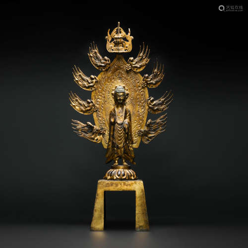 Copper and Golden Buddha Statue with Inscription from Northe...