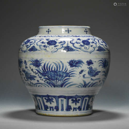 Blue and White Kiln Mandarin Duck Jar from Yuan
