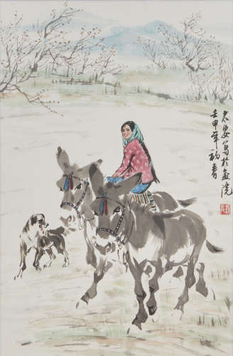 Quan Tai'an (b.1945) A Girl and Two Donkeys