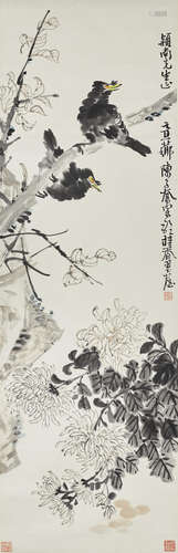 Chen Zifen(1898-1976)  Two Mynas and Chrysanthemum