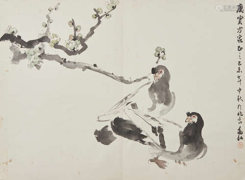 Jiang Zhaohe (1904-1986)  Two Pigeons and Green Plum Blossom...