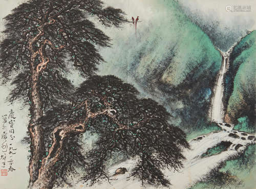 Li Xiongcai (1910-2001)   Birds, Pine Trees and Waterfall