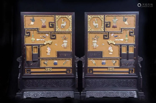 A PAIR OF SANDALWOOD INLAID FURNISHING SCREENS