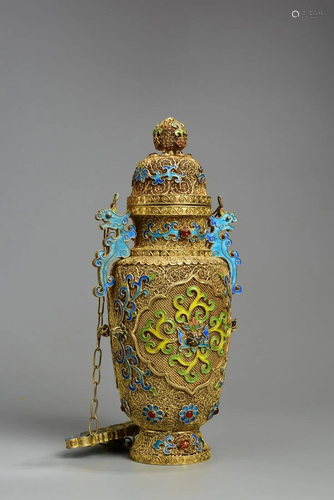 A SILVER GILDING FILIGREE AND ENAMLLED CHILONG VASE