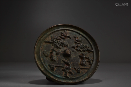 A BRONZE CRANES CIRCULAR MIRROR