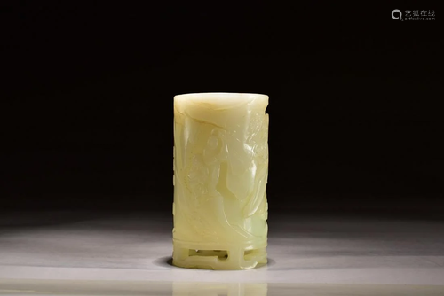 A CARVED HETIAN JADE FIGURE BRUSH POT