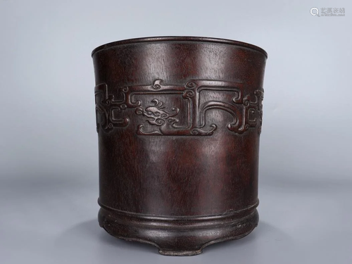 A CARVED SANDALWOOD FURNISHING BRUSH POT