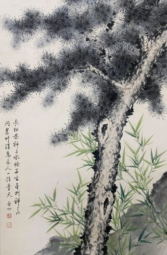 QI GONG MARK, CHINESE OLD PINE PAINTING ON PAPER