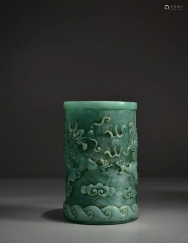 A TURQUOISE-TONE GLASS DRAGON BRUSH POT