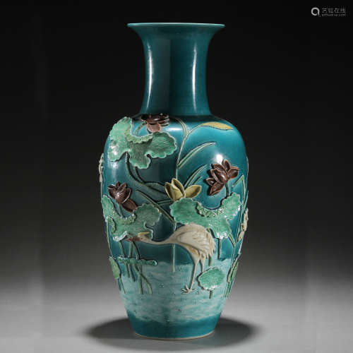 Wang Bingrong carved porcelain tri-color vase