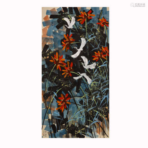 Huang Yongyu: Picture of flying cranes with flowers